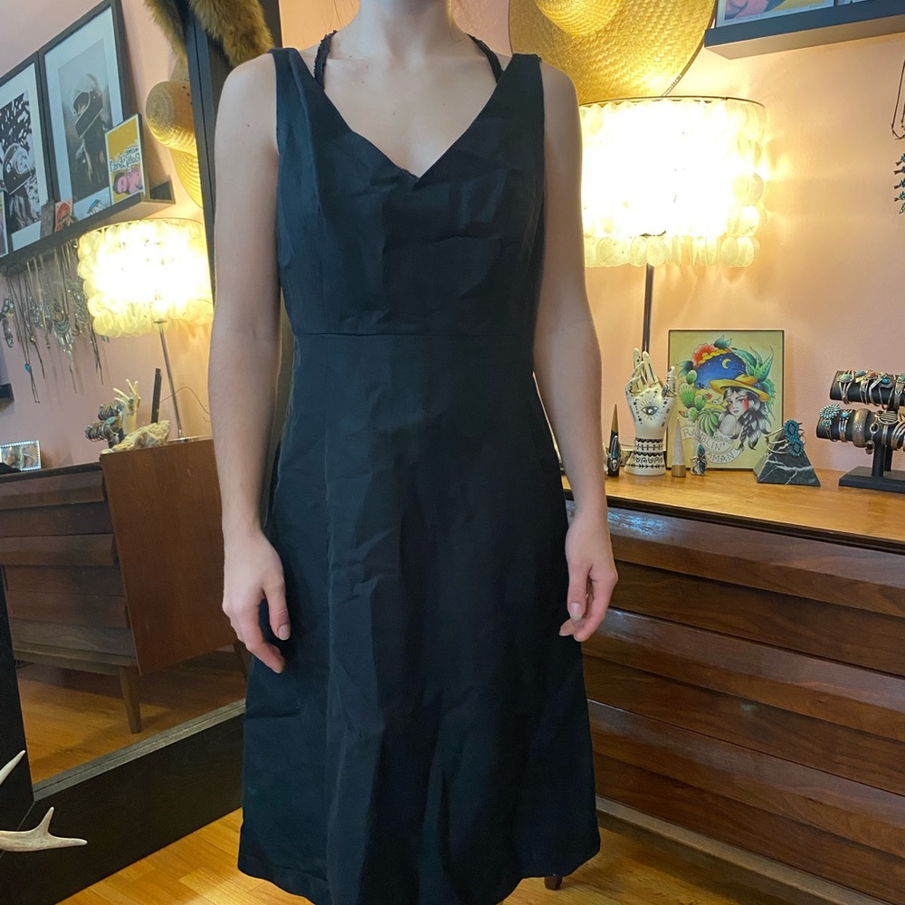 Black midi flared v neck dress